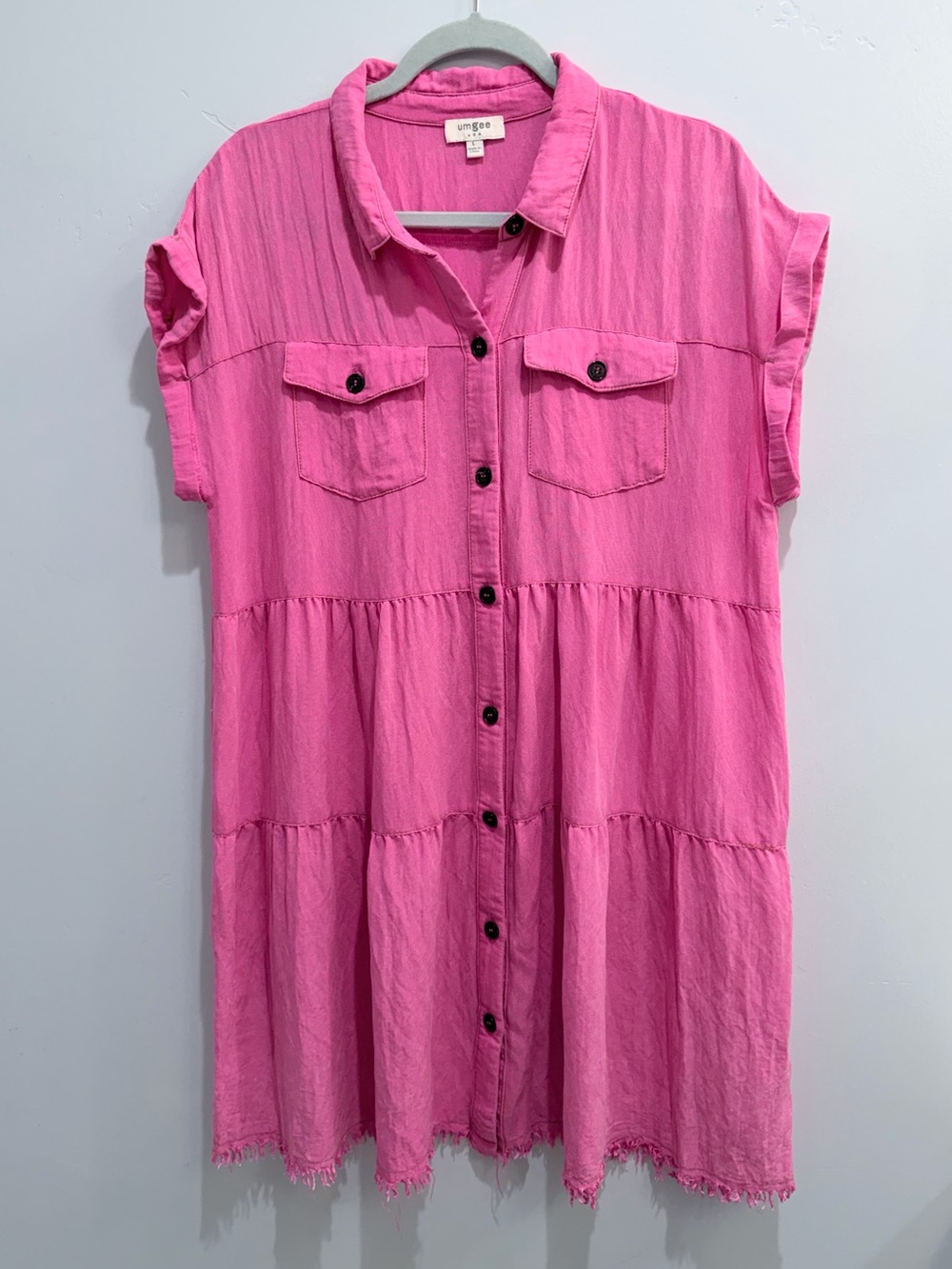 Umgee Hot Pink Tiered Frayed Hem Shirt Summer Shirt Mini Dress Oversized Large - Picture 4 of 12